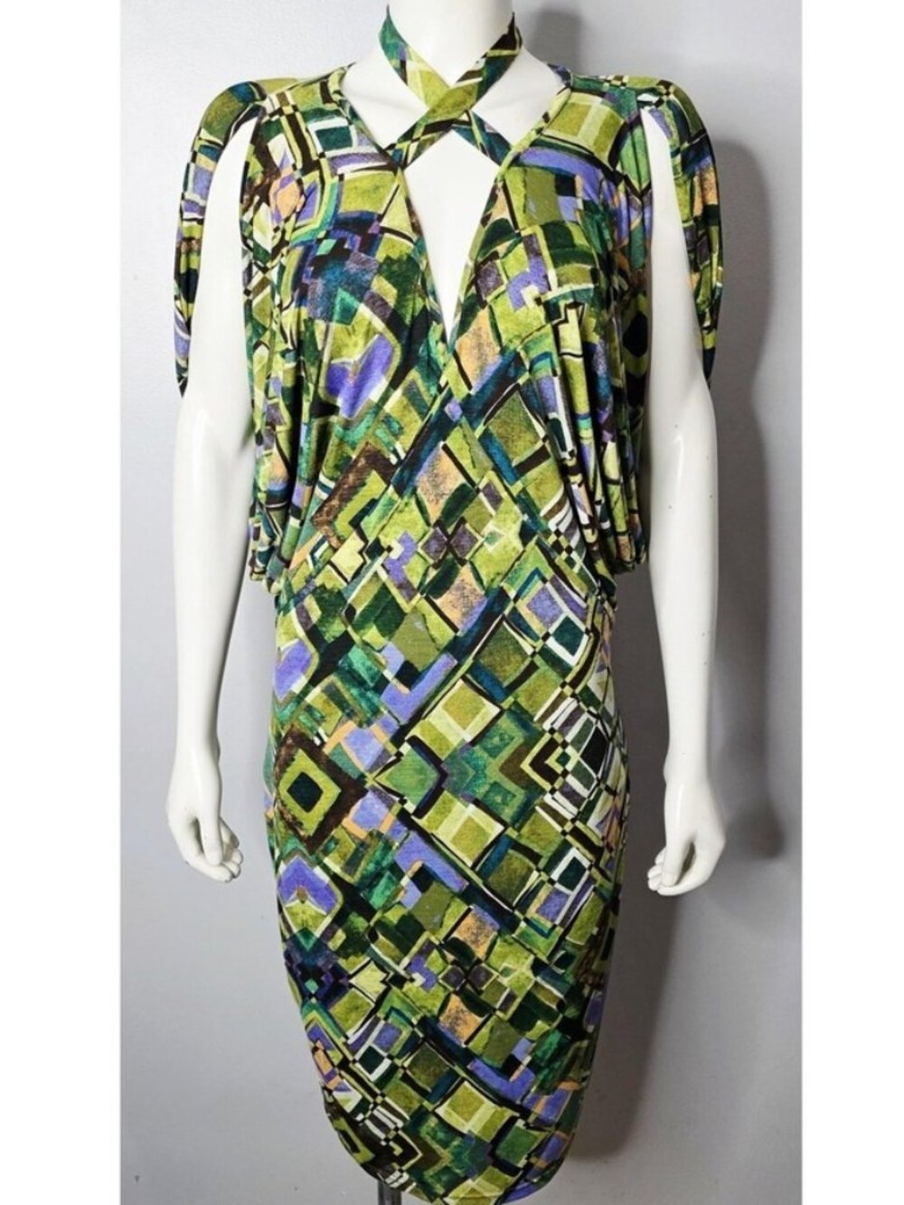 Vintage 1990s Dramatic Body Con Dress with Cape Sleeves by Franco Mirabelli